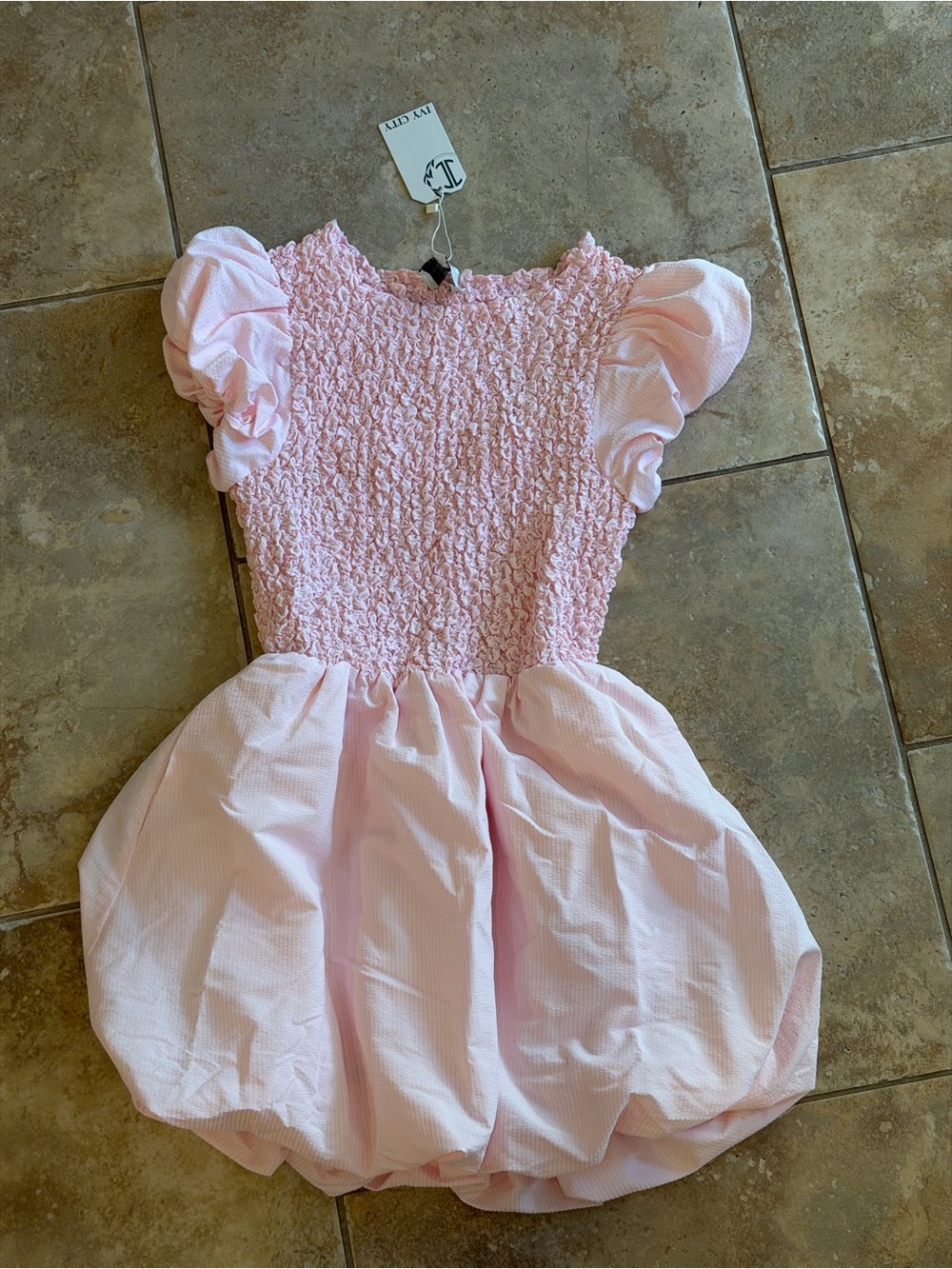 Ivy City Co Pink Smocked Bubble Dress with Puff Sleeves